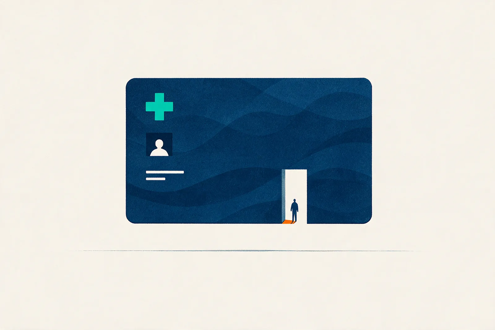 A health-insurance card contains a doorway with a small person at the threshold.