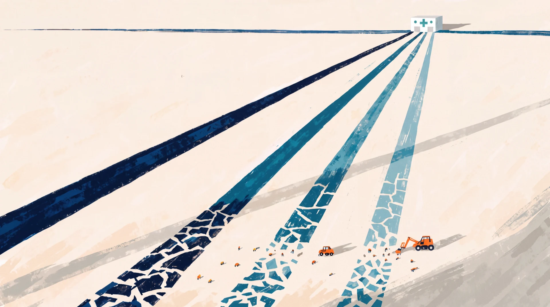 Editorial illustration: four road lanes, one per income quintile, deteriorating progressively on the way to a small clinic; an orange repair crew rebuilds the broken lanes