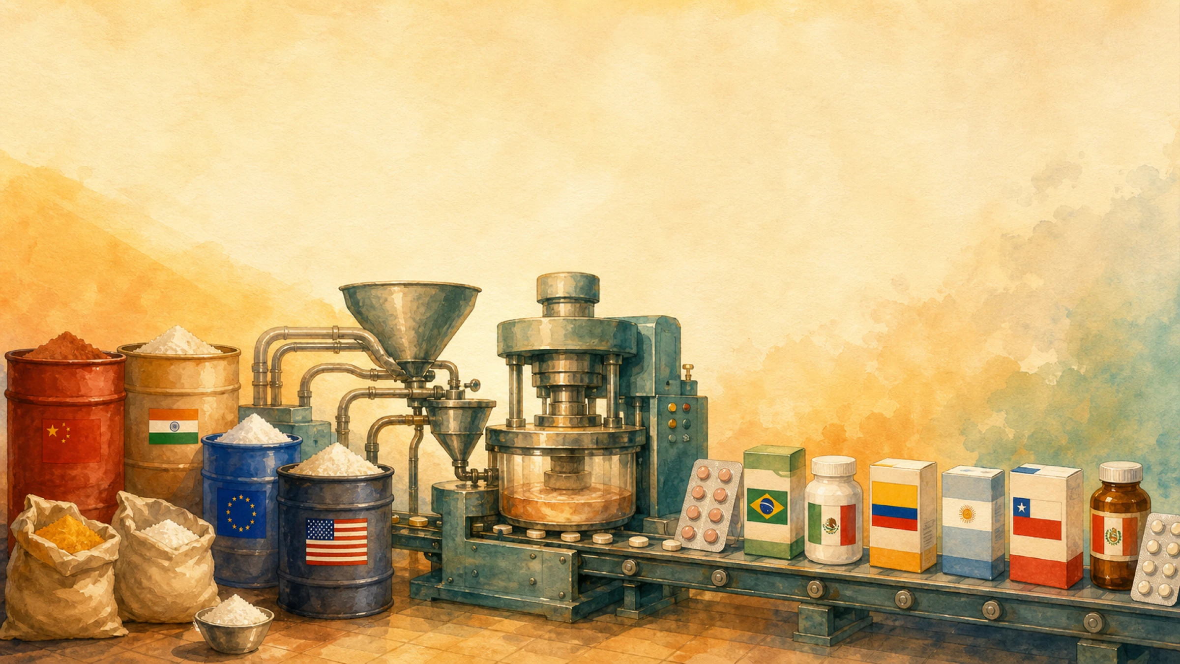 Medicine vials and active-ingredient containers on a Latin American production line, with regional trade arrows in the background