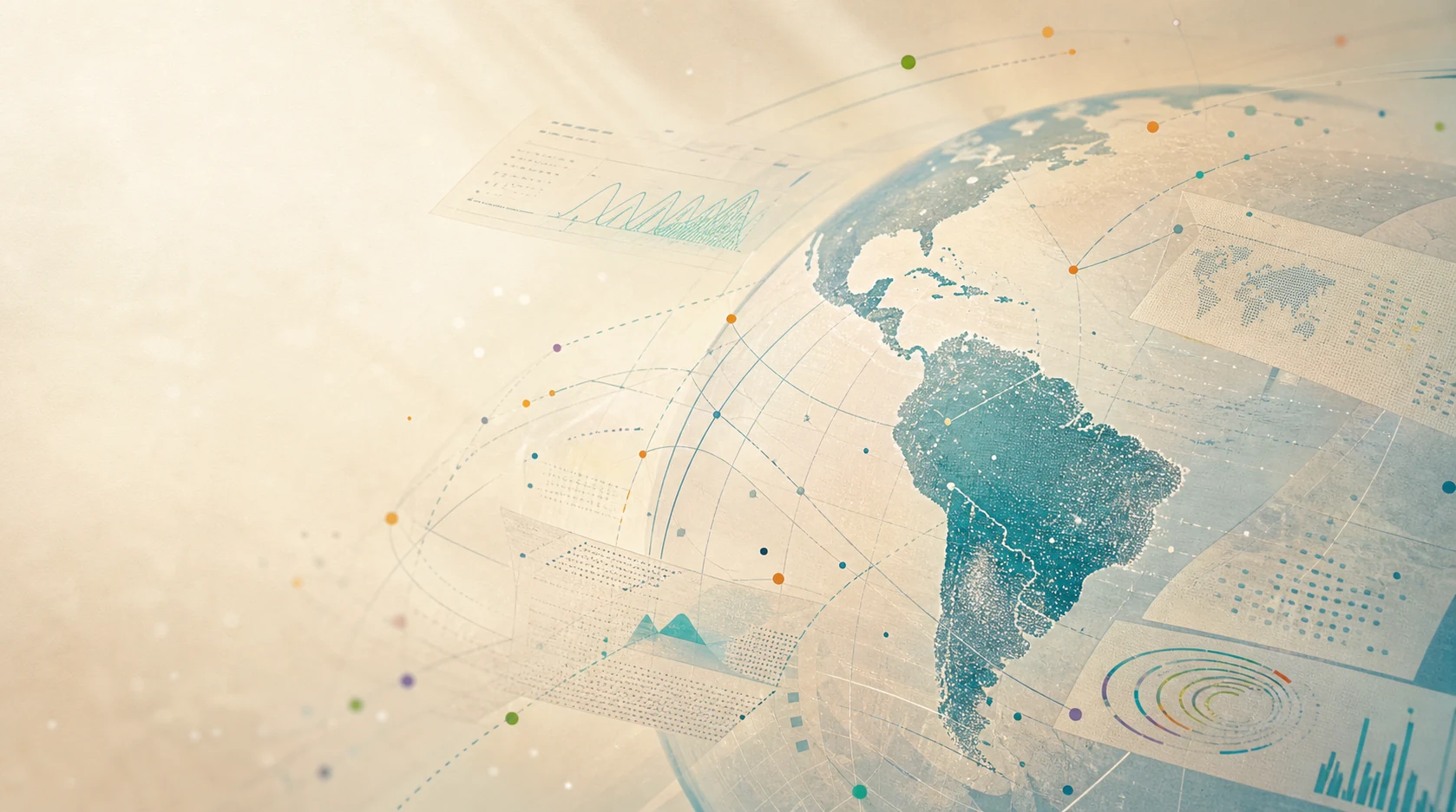 Globo parcial centrado en Am&eacute;rica Latina con paneles de datos y fragmentos de gr&aacute;ficos flotantes — Dos MCPs para los datos de salud global de la OMS