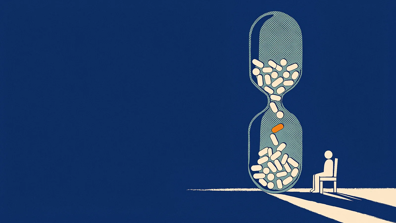 Ilustraci&oacute;n editorial: una c&aacute;psula gigante en forma de reloj de arena deja caer pastillas mientras una persona diminuta espera sentada