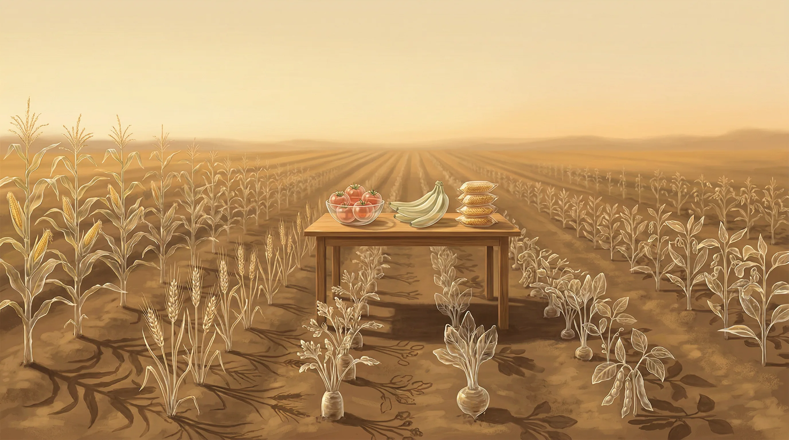 A diversified field of Andean crops — quinoa, tubers, and fresh fruit — against a monoculture horizon