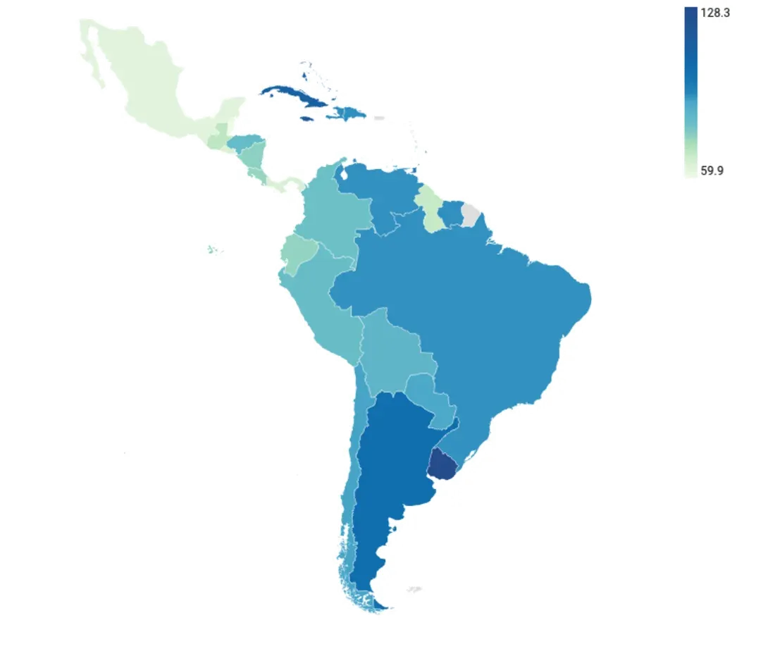 Choropleth map of Latin America and the Caribbean shading each country by its age-standardized cancer mortality rate, from a pale green low of 59.9 to a dark navy high of 128.3 per 100,000.